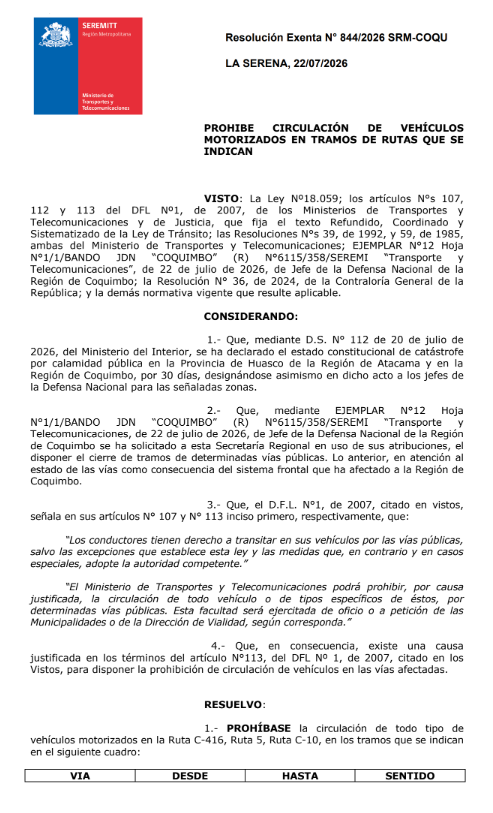 PROHIBE CIRCULACIÓN DE VEHÍCULOS MOTORIZADOS EN TRAMOS DE RUTAS QUE SE INDICAN